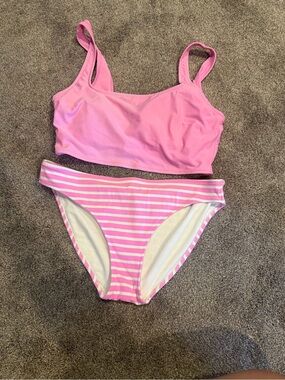 aerie Pink Swim Bikini Set with Solid Top and Striped Trim